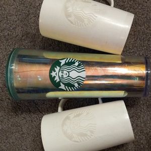 Starbucks iridescent tumbler and 2 white matching mugs, preloved, no straw